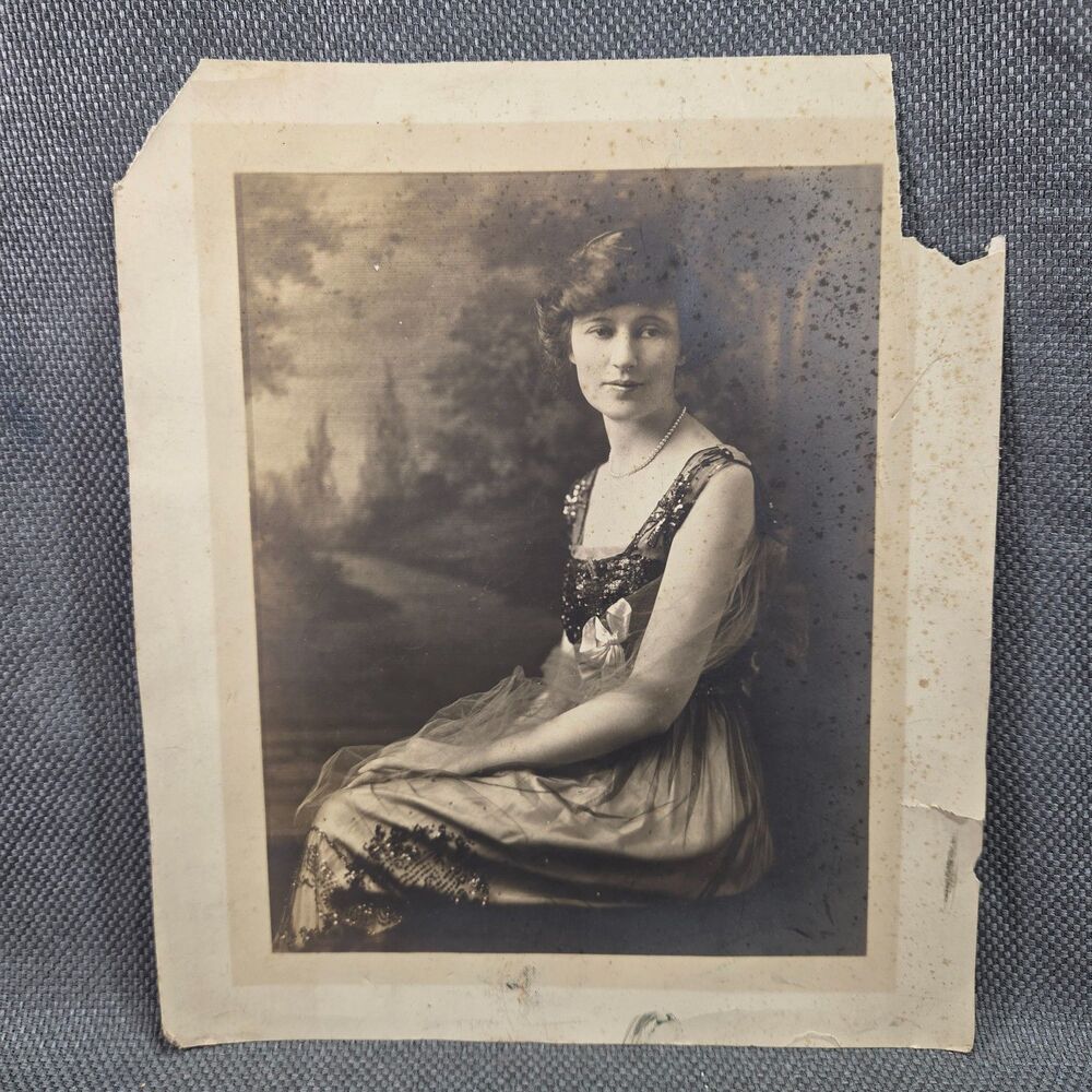 1920s Studio Portrait Young Woman Flapper Era Evening Gown Pearl Necklace